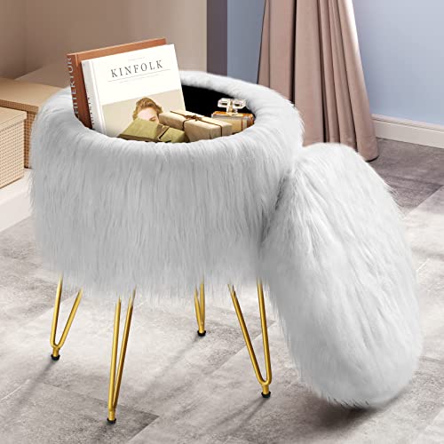 WHITE Faux Fur Vanity Stool with Storage, Modern Round Ottoman