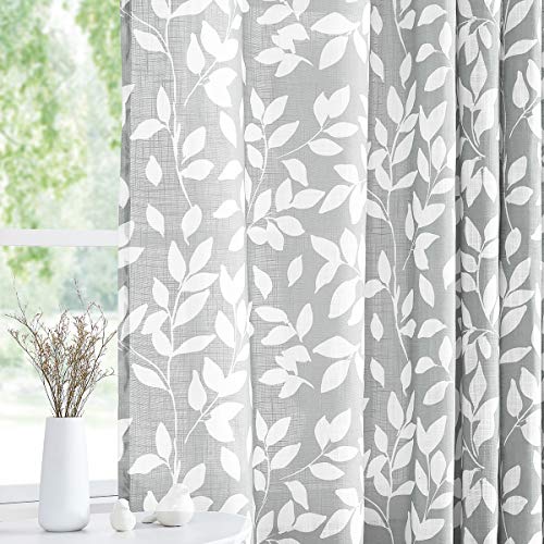 Grey and White Leaf Print Curtains for Bedroom