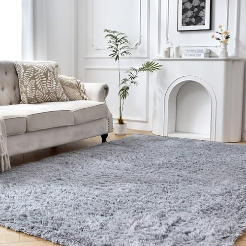 Grey Fluffy Shag Rug for Bedroom Living Room