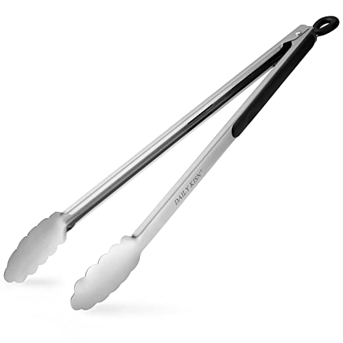 304 Stainless Steel Kitchen Cooking Tongs, 9 and 12 Set of 2 Sturdy  Grilling Barbeque Brushed Locking Food Tongs with Ergonomic Grip, Black