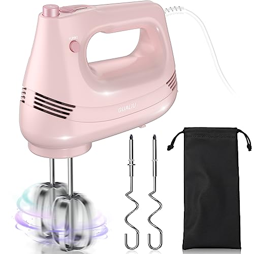 GUALIU Compact Stainless Steel Hand Mixer - 5 Speed & Eject Button in Pink