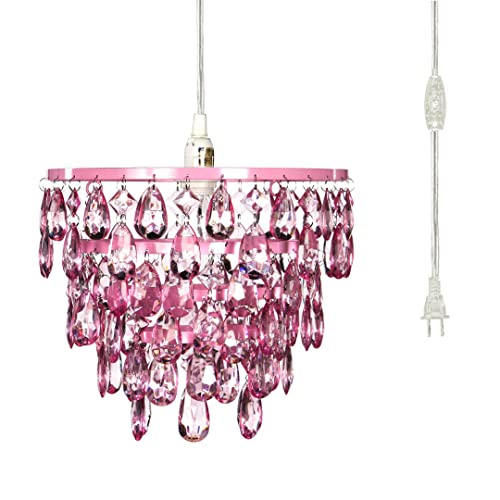 gypsy color The Original Plug-in 1 Light Pink Hanging Swag Dome Chandelier H10”xW11.5”, Pink Metal Frame with Five Tiers of Pink Acrylic Crystals That Sparkle Just Like Glass