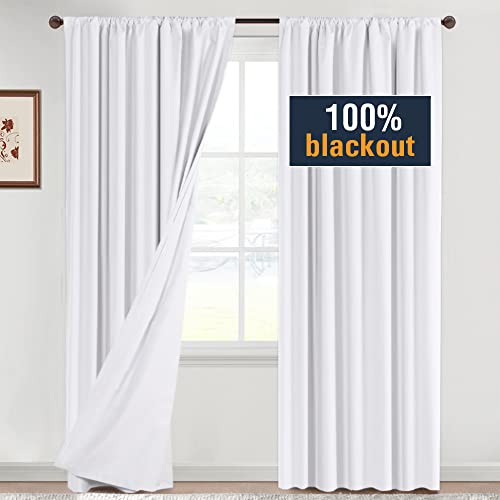 100% Blackout White Curtains 84" Long for Bedroom Living Room - Set of 2 Panels