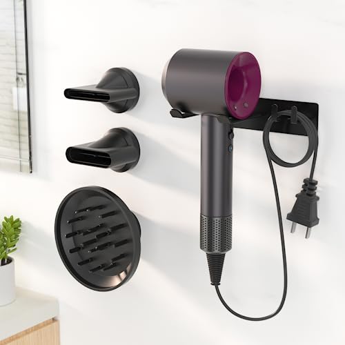 Hair Dryer Holder for Dyson Supersonic, with 3 Magnet Ring for Attachments Accessory Storage, with Wire Organization, Non-Slip Eva Protector, Black, Wall Mounted, Adhesive/Drilling