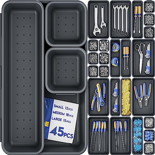 haisstronica 45PCS Tool Box Organizer and Storage 3 Sizes-Stay Organized with A Toolbox Organizer-Simplify Your Storage Solutions for Socket Sets,Screwdrivers,Wrenches etc.(Charcoal Gray)