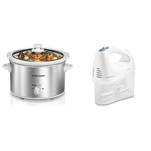 Hamilton Beach 4-Quart Slow Cooker with Dishwasher-Safe Stoneware Crock & Lid, Stainless Steel (33140V) & 6-Speed Electric Hand Mixer with Whisk, Traditional Beaters, Snap-On Storage Case, White
