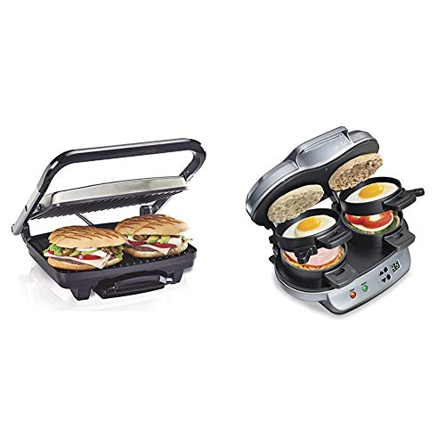 Hamilton Beach Panini Press, Sandwich Maker & Electric Indoor Grill, Upright Storage, Nonstick Easy Clean Grids, Stainless Steel (25410) & Dual Breakfast Sandwich Maker with Timer, Silver (25490A)