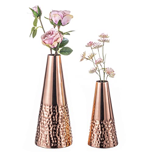 Handcrafted Copper Tone Metal Flower Vases - 2 Piece Set