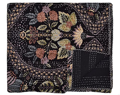 King Size Cotton Handmade Black Indian Floral Quilt Bedspread