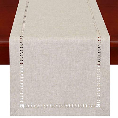 Handmade Hemstitched Polyester Table Runner in Beige