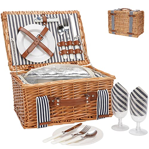 Handmade Wicker Picnic Basket Set with Insulated Cooler & Cutlery Kit