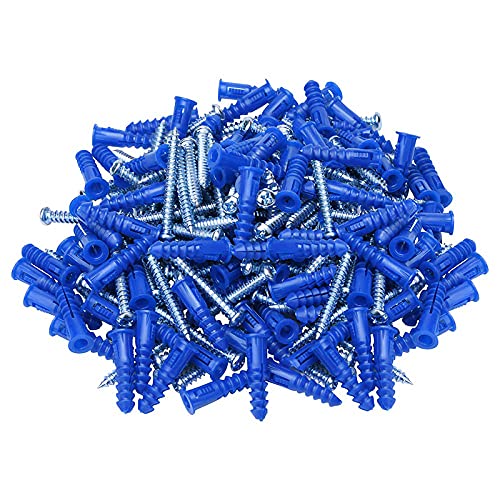 HangDone Ribbed Wall Anchors #10-#12 1-1/4-Inch with Screws 100-Pack, Blue