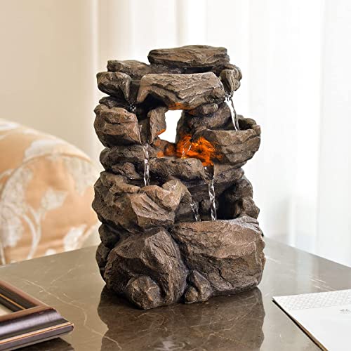 Haobos Cascading Tabletop Water Fountains with LED Light - Indoor Rockery Waterfall Fountain - Quiet and Relaxing Water Sound - Small 9.7 Inch Desktop Size - Home/Office Decor