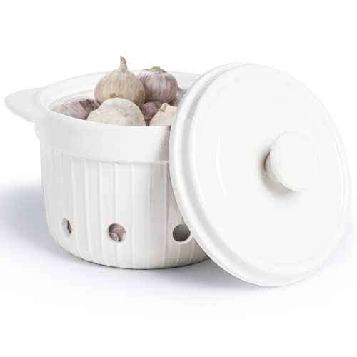 HAOTOP Garlic Keeper with Lid, Ceramic Garlic Saver Container for Countertop, Kitchen Decor (White)