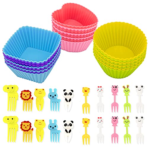  Gpurplebud Silicone Lunch Box Dividers - 45 PCS Bento Box  Accessories Set 40 Silicone Bento Box Inserts with 5 Food Fruit Picks  Cupcake Liners Reusable Lunch Accessories (4 Colors): Home & Kitchen