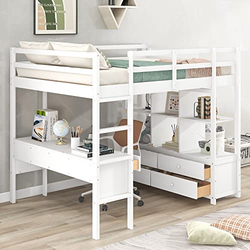 Harper & Bright Designs Full Size Loft Bed with Desk and Storage, Solid Wood Loft Bed Frame with Bookshelf and Drawers (White)