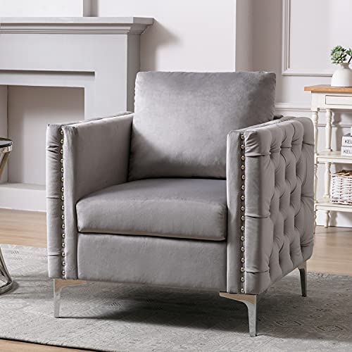 Modern Grey Velvet Tufted Accent Armchair with Steel Legs