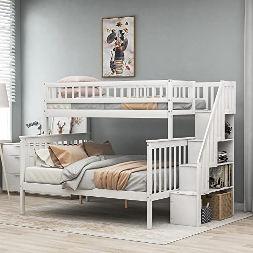 Harper & Bright Designs Twin Over Full Bunk Beds with Stairs, Wood Bunk Bed with Storage and Guard Rails, Bunk Beds Twin Over Full Size for Kids, Bedroom, Dorm, Teens, Adults, White