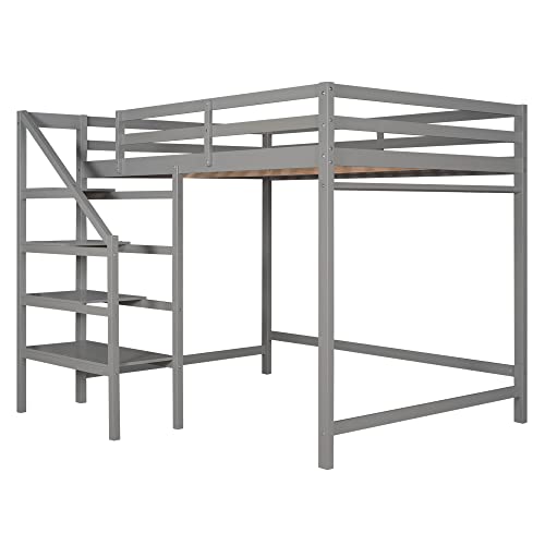 Harper & Bright Full Loft Bed with Storage Staircase, Grey
