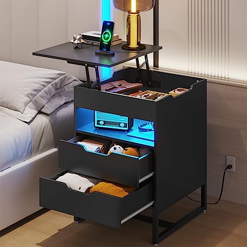 Hasuit Nightstand with Charging Station and LED Lights