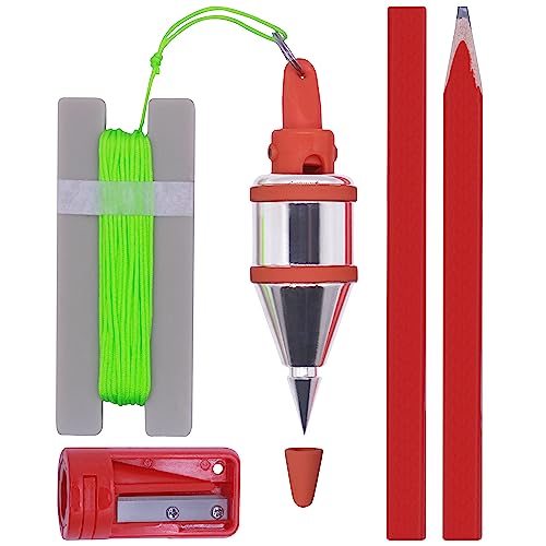 HCCMLOVE Plumb Bob - 8 oz(227g) Plumb-Rite With 16 ft(5m) String, Pencil Sharpener,2 Pencils,Line Reel Used in Construction Can Stretch The String Line Level and Quickly Stabilize the Door Plumb Bobs