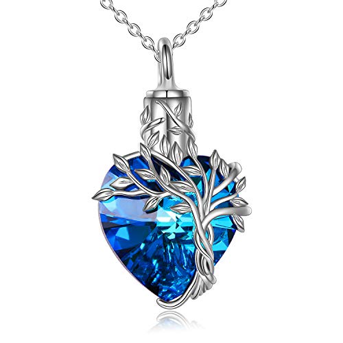 Heart Cremation Jewelry Necklace with Blue Crystal Tree of Life