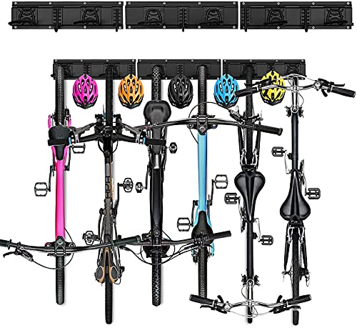 Heavy Duty Bike Wall Mount for 6 Bicycles with Storage Hooks and Adjustable Capacity