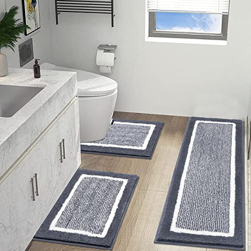 ACCUMTEK Memory Foam Bathroom Rug Velet Bath Mats Sets 3 Pieces Ultra Soft  Non Slip and Absorbent Toilet Mats Set Carpet Washable, Grey, Square