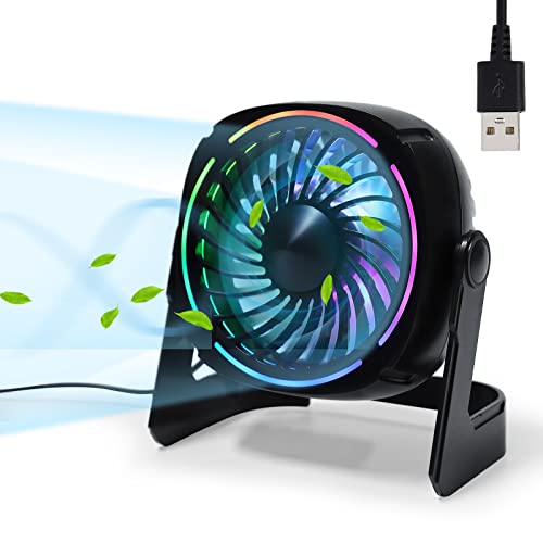 HeroPlus 6" RGB USB Desk Fan, 8 Light Modes, 3 Speeds, 60" Cord, Quiet, Portable