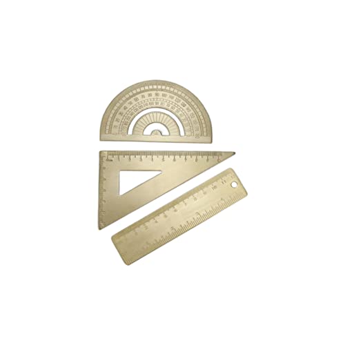 Gold Brass Geometry Set with 12cm Ruler, Triangle, Protractor - Drafting Kit