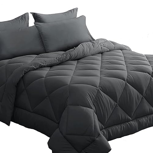 HEVUMYI 7-Piece Reversible Queen Comforter Set in Dark Gray