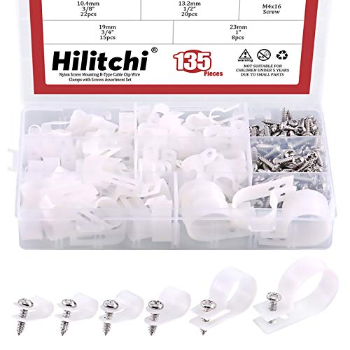 Hilitchi 135 Pcs 6 Sizes White Plastic Cable Clamp R Type Screw Mounting Cord Fastener Cable Clips Assortment Kit with Screws for Wire Management Cable Conduit (Clips from 6mm to 23mm)
