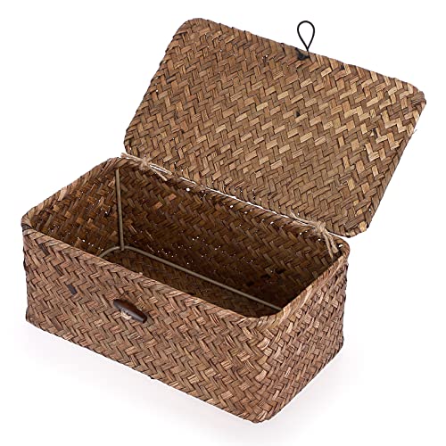 Hipiwe Wicker Shelf Baskets Bin with Lid, Handwoven Seagrass Basket Storage Bins Rectangular Household Basket Boxes for Shelf Wardrobe Home Organizer, Coffee X-Small
