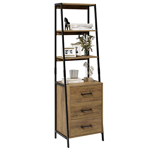 HITHOS 4-Tier Tall Bookshelf with Drawers - Rustic Brown
