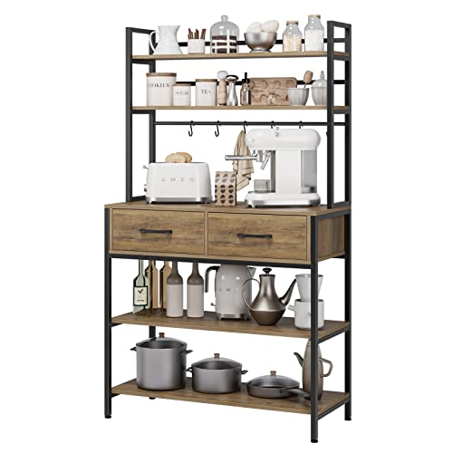 HITHOS Industrial 5-Tier Kitchen Bakers Rack with 2 Drawers, Microwave Oven Stand with Storage Shelves and Hutch, Kitchen Shelf with Storage, Coffee Bar for Living Room, Home Office, Rustic Brown