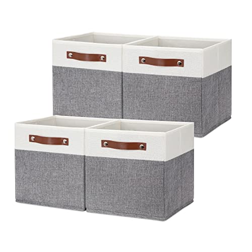 Foldable Fabric Cube Storage Bins, Set of 4, Handles, White Gray" (HNZIGE)