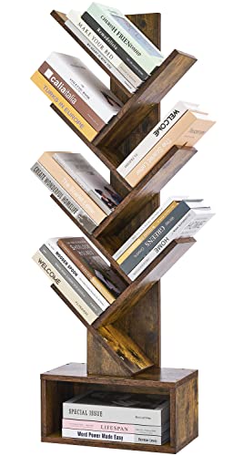 Modern 6-Tier Tree Bookcase with Drawer, Rustic Brown