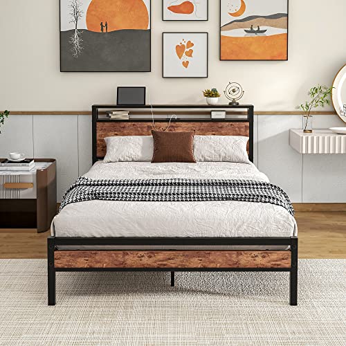 Rustic Brown Full Size Bed Frame with Storage Headboard and USB Charging Station