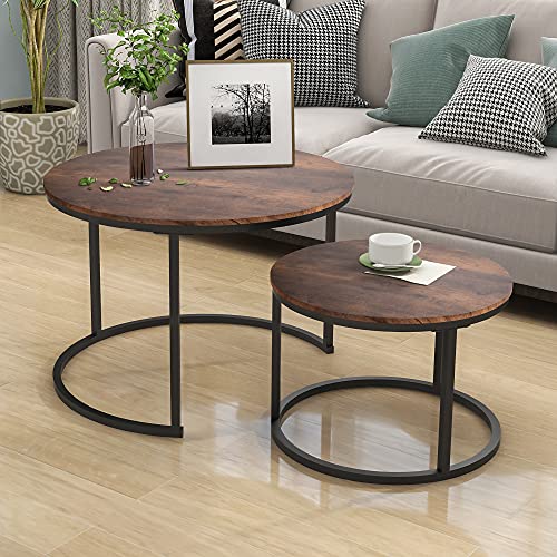 Industrial Round Coffee Tables Set - Sturdy, Easy Assembly, Black+Rustic Brown