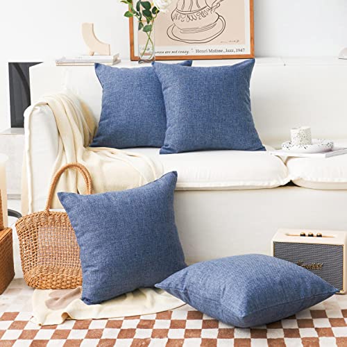 Set of 4 Home Brilliant Lined Linen Pillow Covers, 18x18 inch, Navy Blue