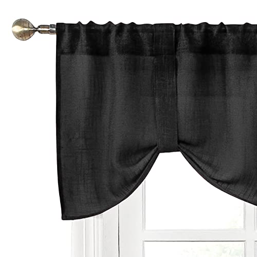 Home Queen Linen Look Tie Up Valance Curtain, Semi Sheer Balloon Valence for Home Decoration, Length Adjustable Drape for Living Room and Bedroom, 54 X 20 Inch, Black