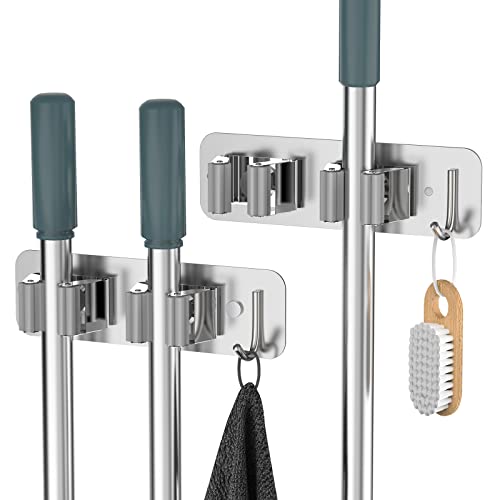 HOMEASY Mop Broom Holder - Stainless Steel Wall-Mounted Organizer