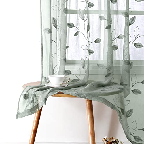 HOMEIDEAS Sage Green Sheer Curtains 52 X 84 Inches Long 2 Panels Embroidered Leaf Pattern Pocket Faux Linen Floral Semi Sheer Voile Window Curtains/Drapes for Bedroom Living Room