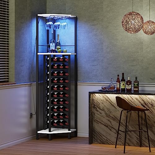 Homeiju Corner Wine Rack with Glass Holder and Strip Light