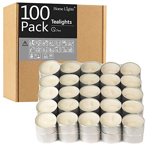 HomeLights Unscented White Tealight Candles -100 Pack, 6 to 7 Hour Burn Time Smokeless Tea Light Candles, Mini Votive Paraffin Candles with Cotton Wicks for Shabbat, Weddings, Christmas