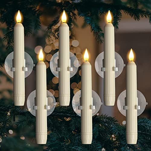 Homemory 6 Pcs Window Candles with Sensor Dusk to Dawn, Ivory Stripped Candlesticks with Suction Cups, Roman Column Christmas Window Candles Battery Operated, Flameless Led Taper Candles for Window