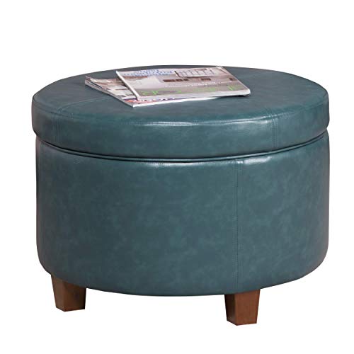 HomePop Round Leatherette Storage Ottoman with Lid, Teal