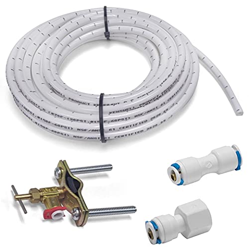 Refrigerator Water Line Kit - 25ft Ice Maker Tubing with Tee Stop Valve,Flexible Hose with 1/4 Compression Fittings for Potable Drinking Water