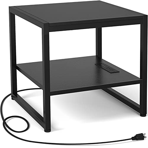 Homieasy 20" End Table with Charging Station and Storage Shelf, Black