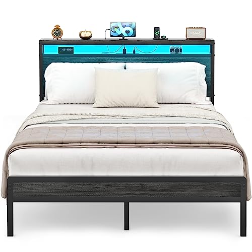 Homieasy Full Size Bed Frame with Storage Headboard and LED Lights
